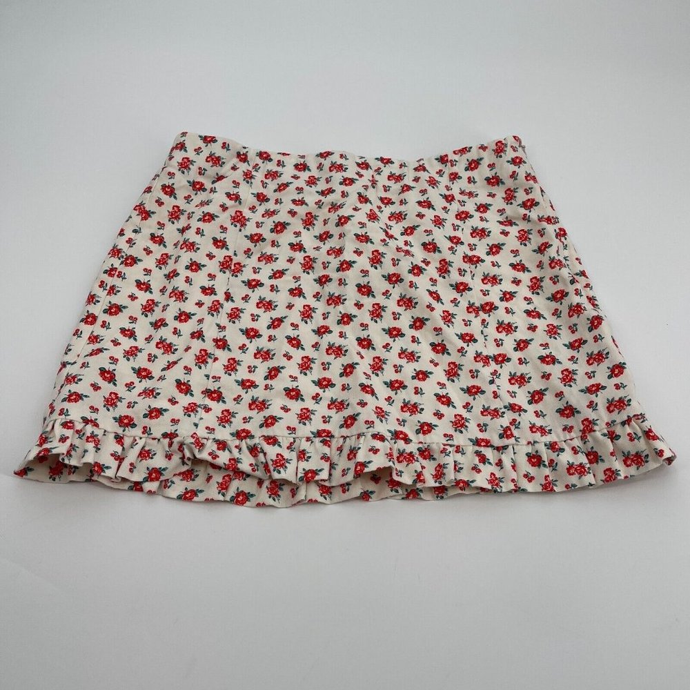 Zara Skirt Medium Womens White Red Floral Lined Ruffle Preppy Zipper Casual New
